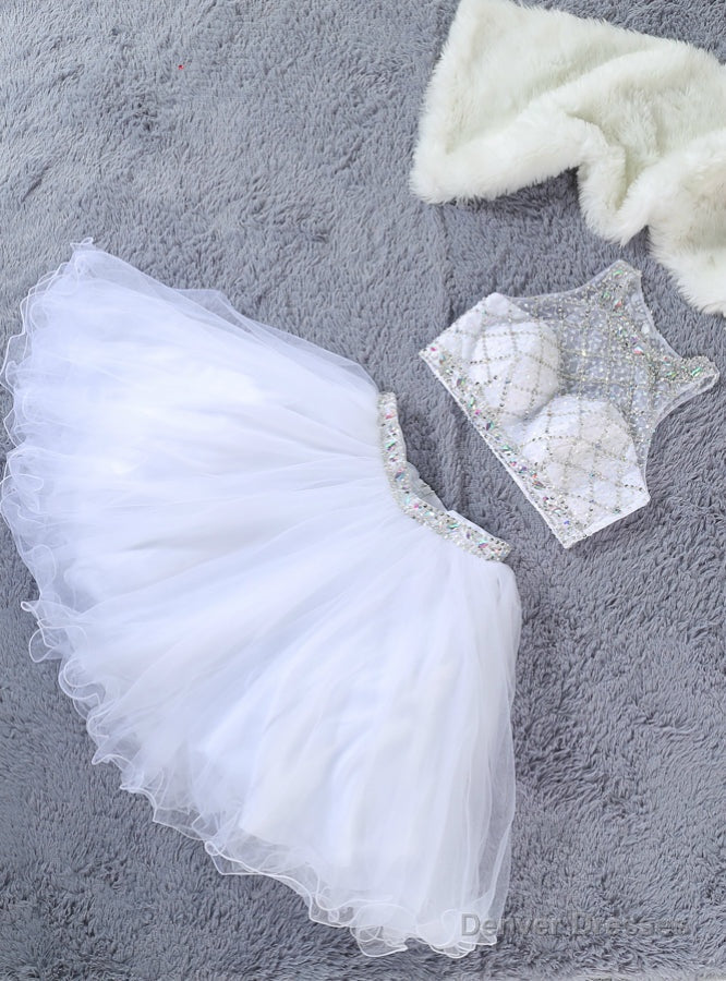 Cute Two Piece Jewel Sleeveless White Tulle Short Homecoming Dress with Beading Main image