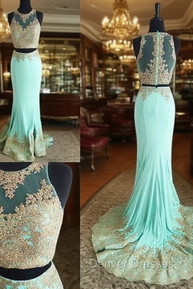 Cute Two Pieces Green Lace Mermaid Long Prom Dress, Evening Dress Main image