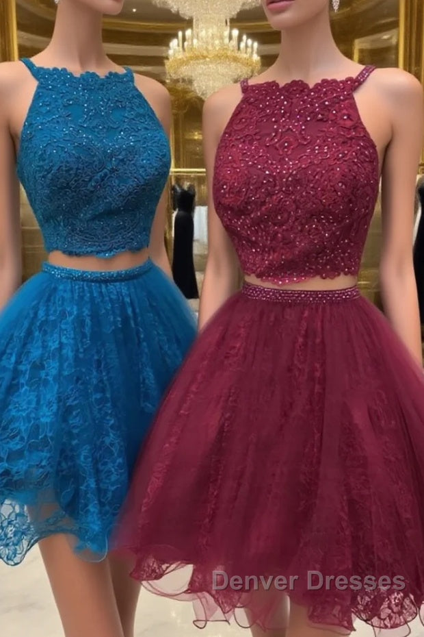 Cute two pieces lace tulle beads short prom Dress, lace homecoming Dress