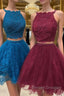 Cute two pieces lace tulle beads short prom Dress, lace homecoming Dress