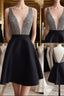 Cute V Neck And V Back Sequin Short Black Prom Dress, Cute Short Black Homecoming Dress