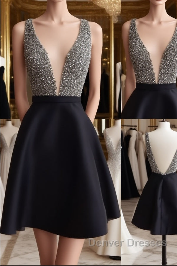 Cute V Neck And V Back Sequin Short Black Prom Dress, Cute Short Black Homecoming Dress Main image