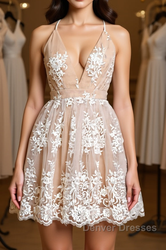 Cute V Neck Backless Pink Lace Appliques Short Prom Dress, Pink Lace Formal Graduation Homecoming Dress