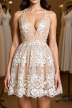 Cute V Neck Backless Pink Lace Appliques Short Prom Dress, Pink Lace Formal Graduation Homecoming Dress