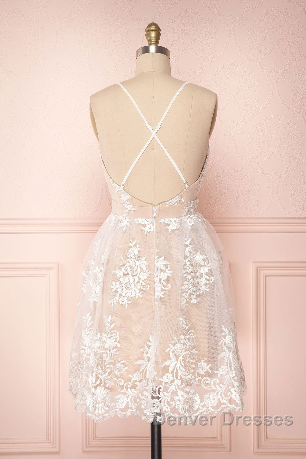 Cute V Neck Backless Pink Lace Appliques Short Prom Dress, Pink Lace Formal Graduation Homecoming Dress