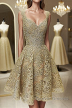 Cute V Neck Golden Lace Short Prom Dress, Golden Lace Homecoming Dress, Golden Formal Evening Dress