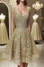 Cute V Neck Golden Lace Short Prom Dress, Golden Lace Homecoming Dress, Golden Formal Evening Dress