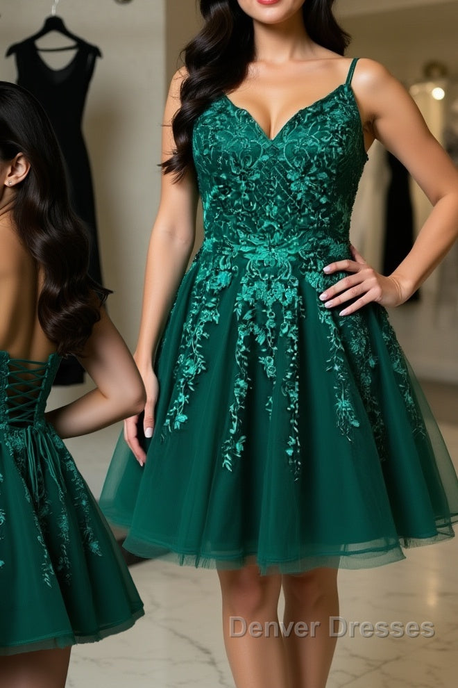 Cute V Neck Green Lace Short Prom Homecoming Dress, Green Lace Formal Dress, Green Evening Dress
