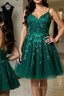 Cute V Neck Green Lace Short Prom Homecoming Dress, Green Lace Formal Dress, Green Evening Dress
