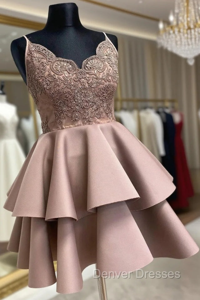 Cute V-Neck Lace Short Prom Dress, A-Line Spaghetti Straps Homecoming Dress