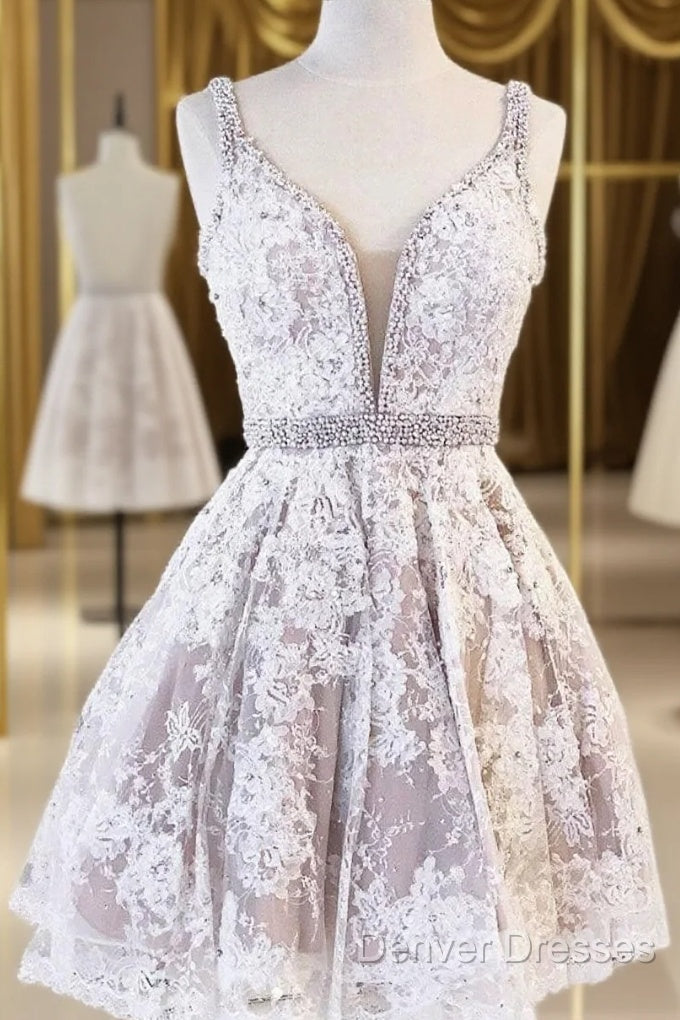 Cute V Neck Lace Short Prom Dress Lace Homecoming Dress Main image