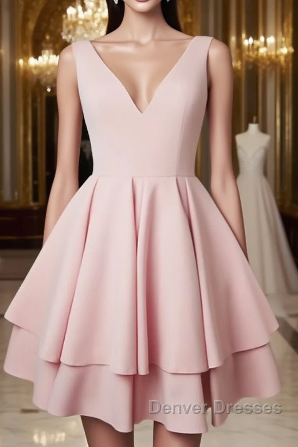 Cute v neck pink short prom Dress. pink homecoming Dress
