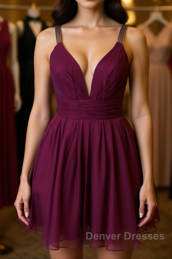 Cute V Neck Purple Chiffon Short Prom Dress Homecoming Dress, V Neck Purple Formal Dress, Purple Evening Dress Cocktail Dress
