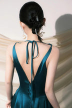 Cute V-Neck Satin Long Prom Dress, Blue A-Line Low Back Evening Party Dress