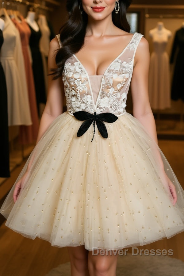 Cute V Neck Short Champagne Lace Prom Dress with Beading, Short Champagne Lace Formal Graduation Homecoming Dress Main image