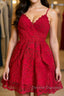 Cute V Neck Short Red Lace Prom Dress with Straps, Short Red Lace Formal Graduation Homecoming Dress, Red Cocktail Dress