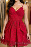 Cute V Neck Short Red Lace Prom Dress with Straps, Short Red Lace Formal Graduation Homecoming Dress, Red Cocktail Dress