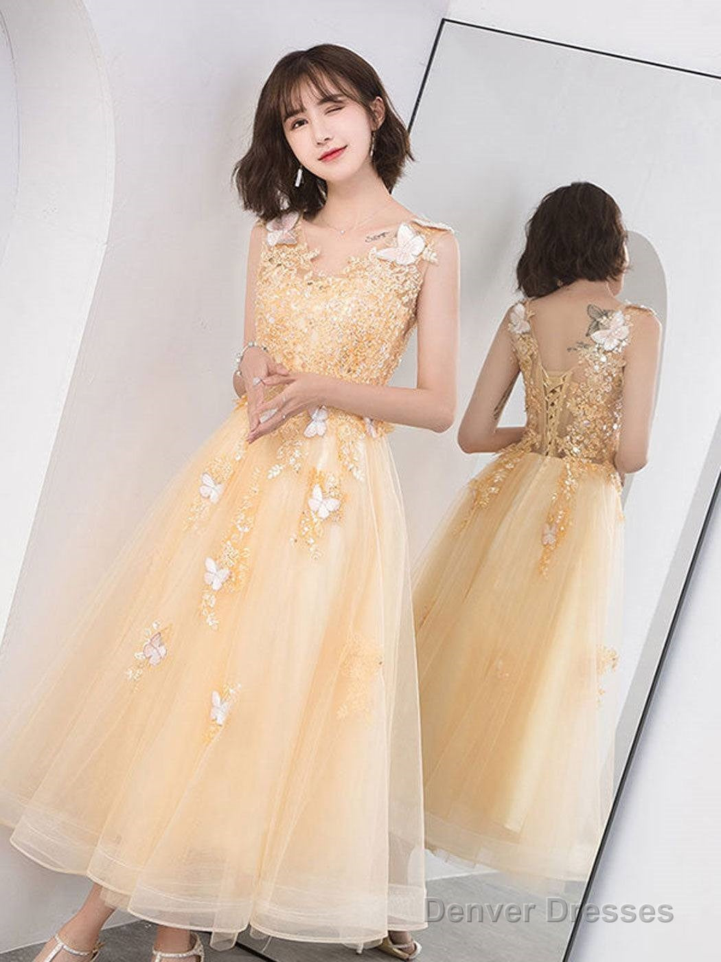 Cute V Neck Tulle Lace Tea Length Prom Dress, Champagne Lace Evening Dress Secondary image