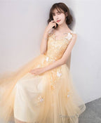 Cute V Neck Tulle Lace Tea Length Prom Dress, Champagne Lace Evening Dress