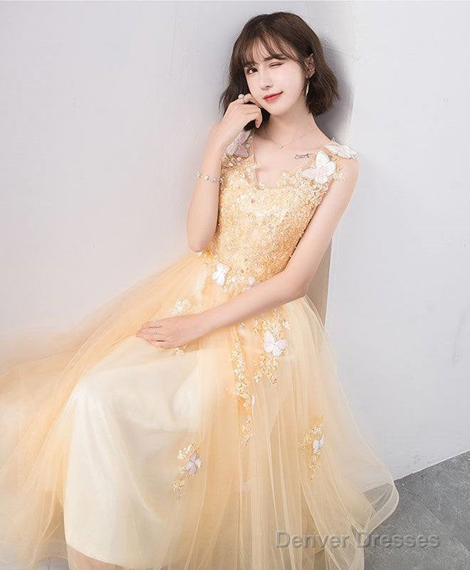 Cute V Neck Tulle Lace Tea Length Prom Dress, Champagne Lace Evening Dress