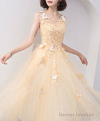Cute V Neck Tulle Lace Tea Length Prom Dress, Champagne Lace Evening Dress