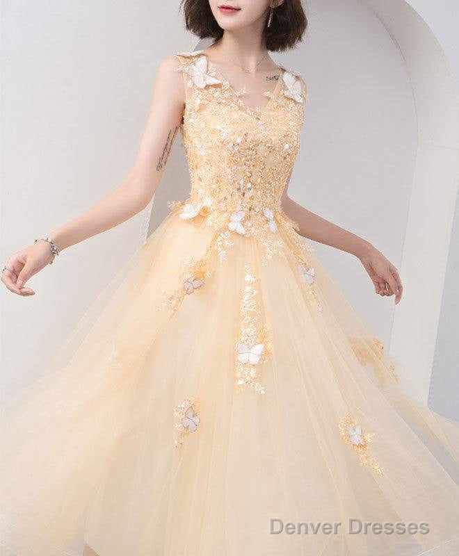 Cute V Neck Tulle Lace Tea Length Prom Dress, Champagne Lace Evening Dress