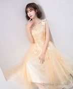 Cute V Neck Tulle Lace Tea Length Prom Dress, Champagne Lace Evening Dress
