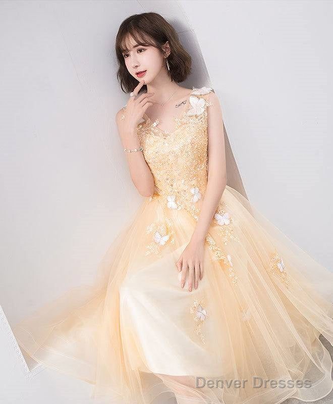 Cute V Neck Tulle Lace Tea Length Prom Dress, Champagne Lace Evening Dress