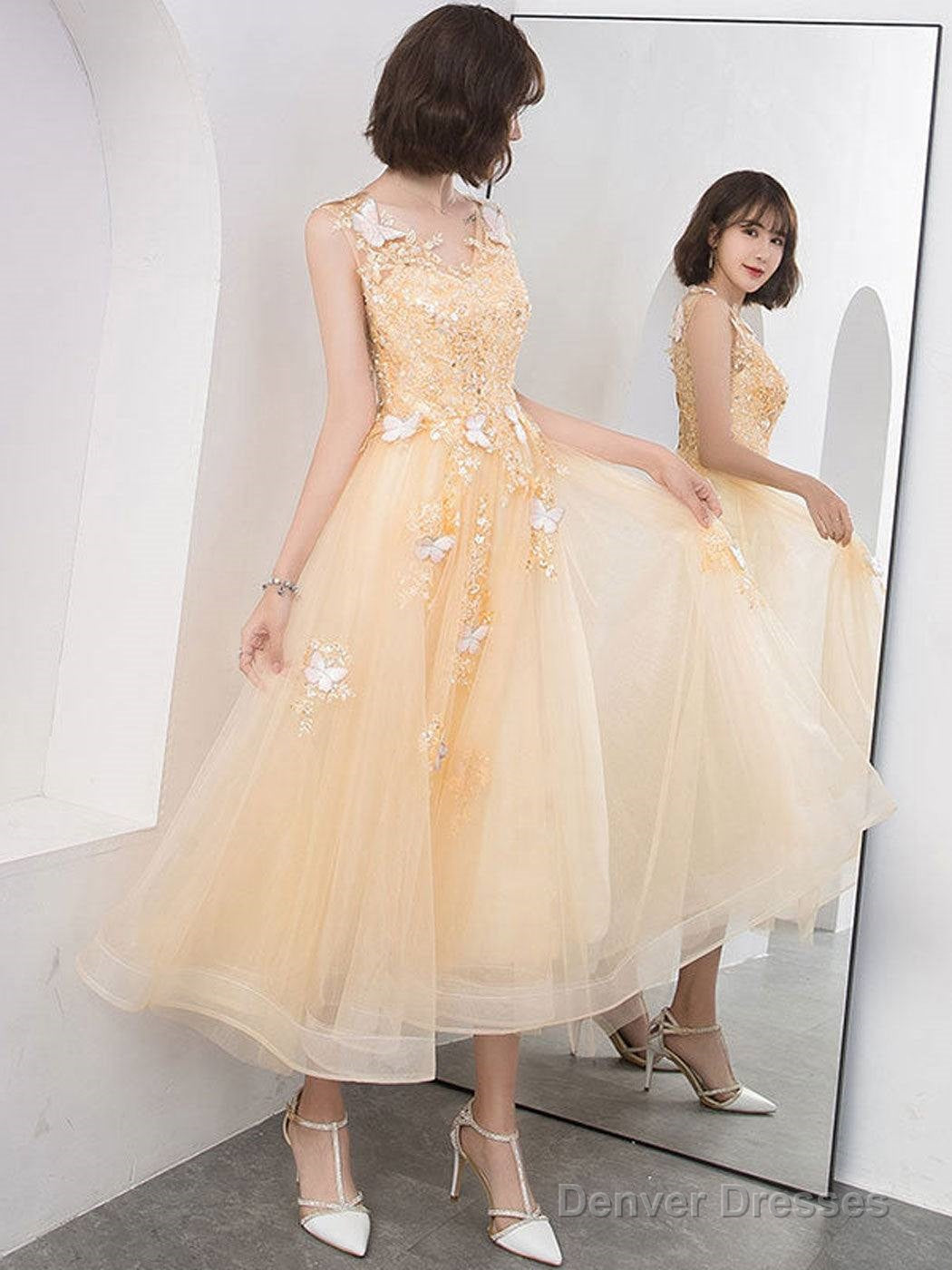 Cute V Neck Tulle Lace Tea Length Prom Dress, Champagne Lace Evening Dress