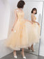 Cute V Neck Tulle Lace Tea Length Prom Dress, Champagne Lace Evening Dress