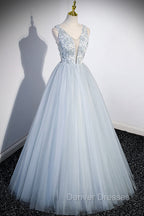 Cute V-Neck Tulle Long Prom Dress, Gray Evening Dress Party Dress