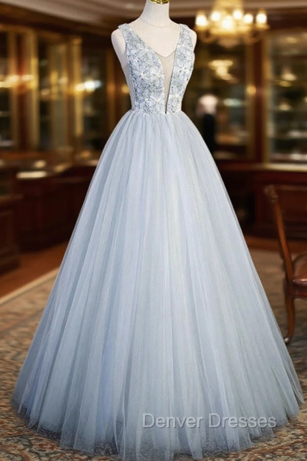 Cute V-Neck Tulle Long Prom Dress, Gray Evening Dress Party Dress