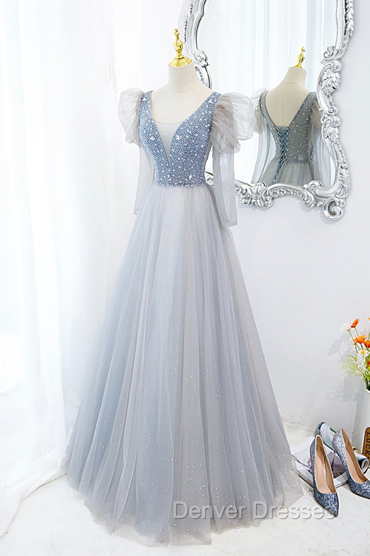 Cute V-Neck Tulle Long Prom Dress with Beaded, A-Line Long Sleeve Evening Dress Secondary image