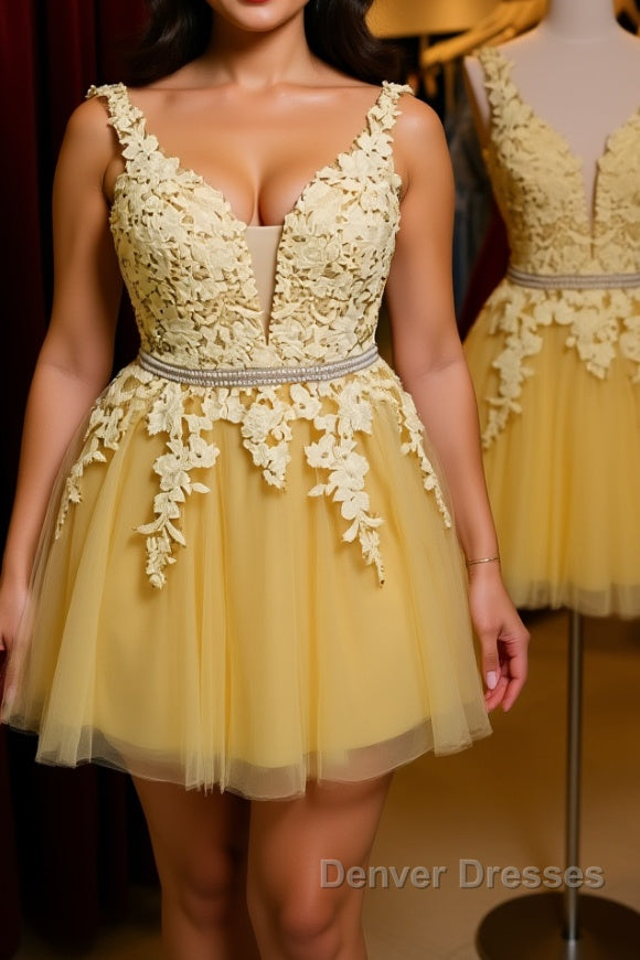 Cute V Neck Yellow Lace Short Prom Dress with Belt, Yellow Lace Homecoming Dress, Short Yellow Formal Evening Dress Main image