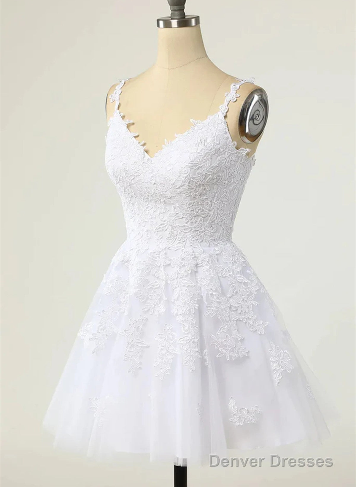Cute V-Neckline White Tulle With Lace Graduation Dress, White Short Party Dress Secondary image