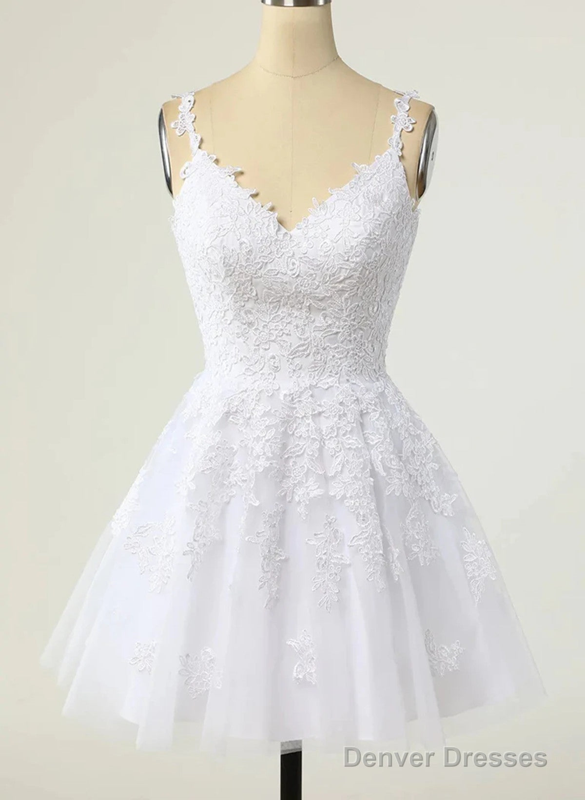 Cute V-Neckline White Tulle With Lace Graduation Dress, White Short Party Dress Main image