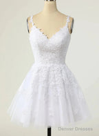 Cute V-Neckline White Tulle With Lace Graduation Dress, White Short Party Dress