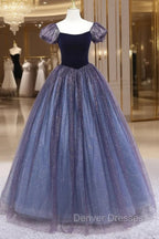 Cute Velvet Tulle Long Prom Dress, A-Line Short Sleeve Graduation Dress