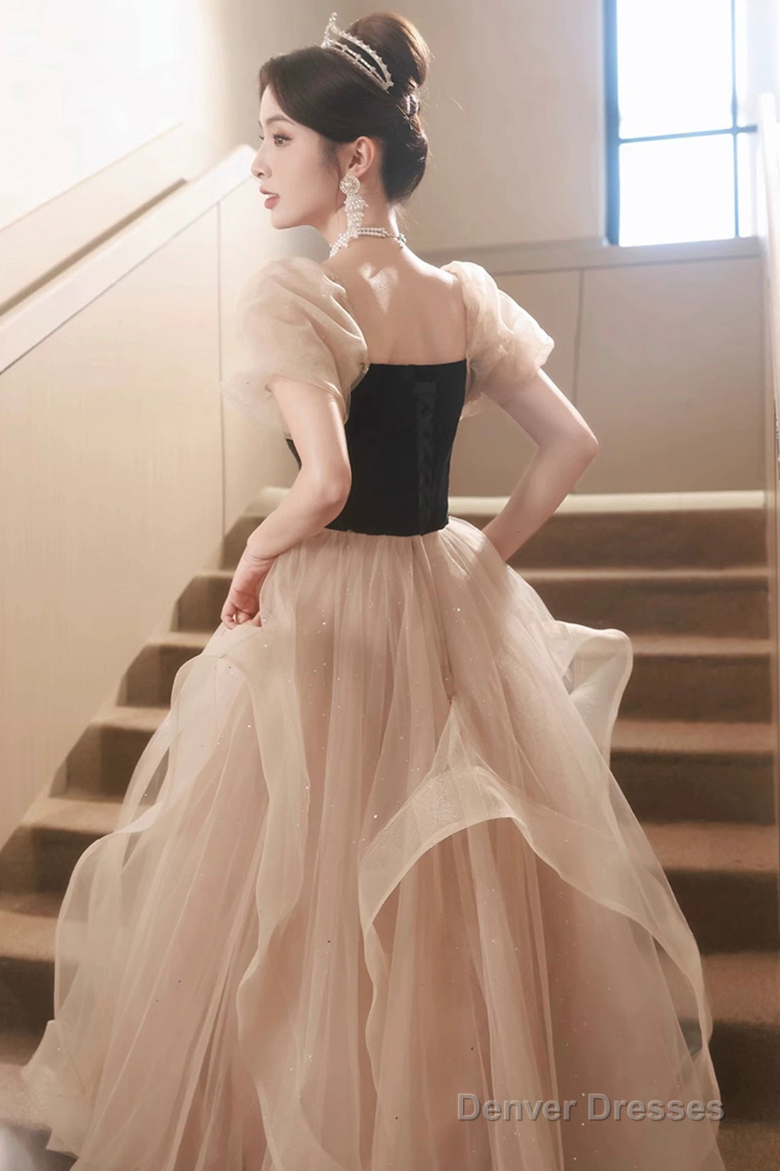 Cute Velvet Tulle Long Prom Dress, Beautiful Short Sleeve Evening Dress