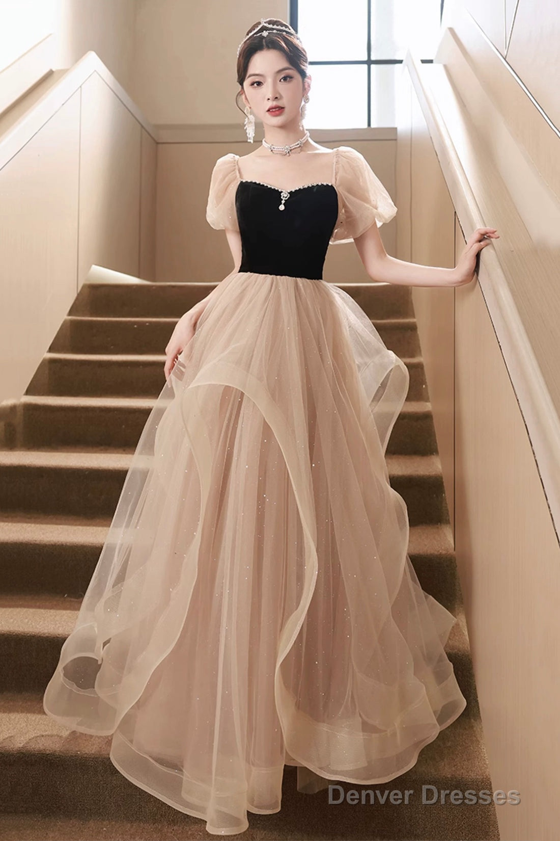 Cute Velvet Tulle Long Prom Dress, Beautiful Short Sleeve Evening Dress Main image