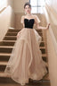 Cute Velvet Tulle Long Prom Dress, Beautiful Short Sleeve Evening Dress