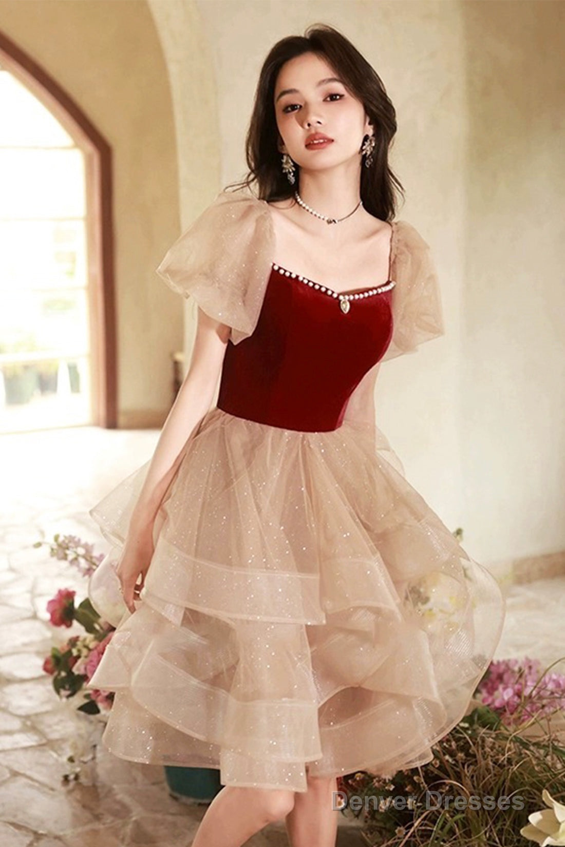 Cute Velvet Tulle Short Prom Dress, Beautiful Party Dress Homecoming Dress