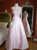 Cute Pink Long Satin Straps Long Party Dress, A-Line Satin Prom Dress