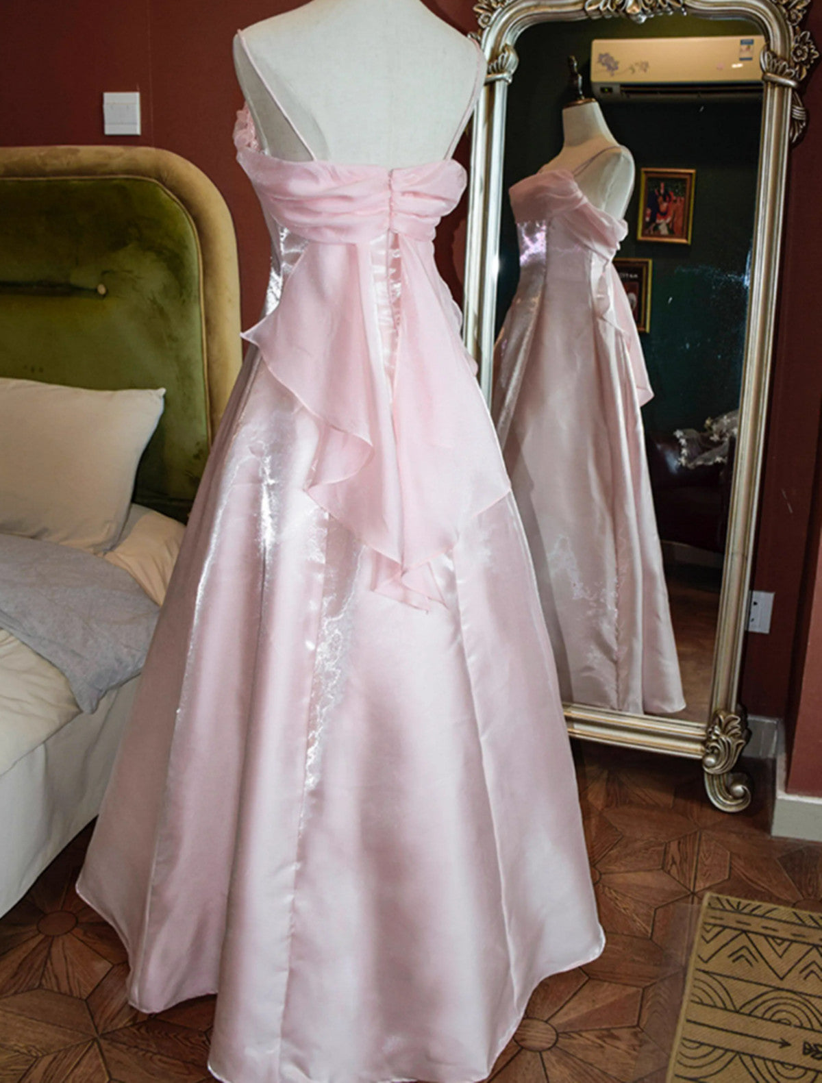 Cute Pink Long Satin Straps Long Party Dress, A-Line Satin Prom Dress Secondary image