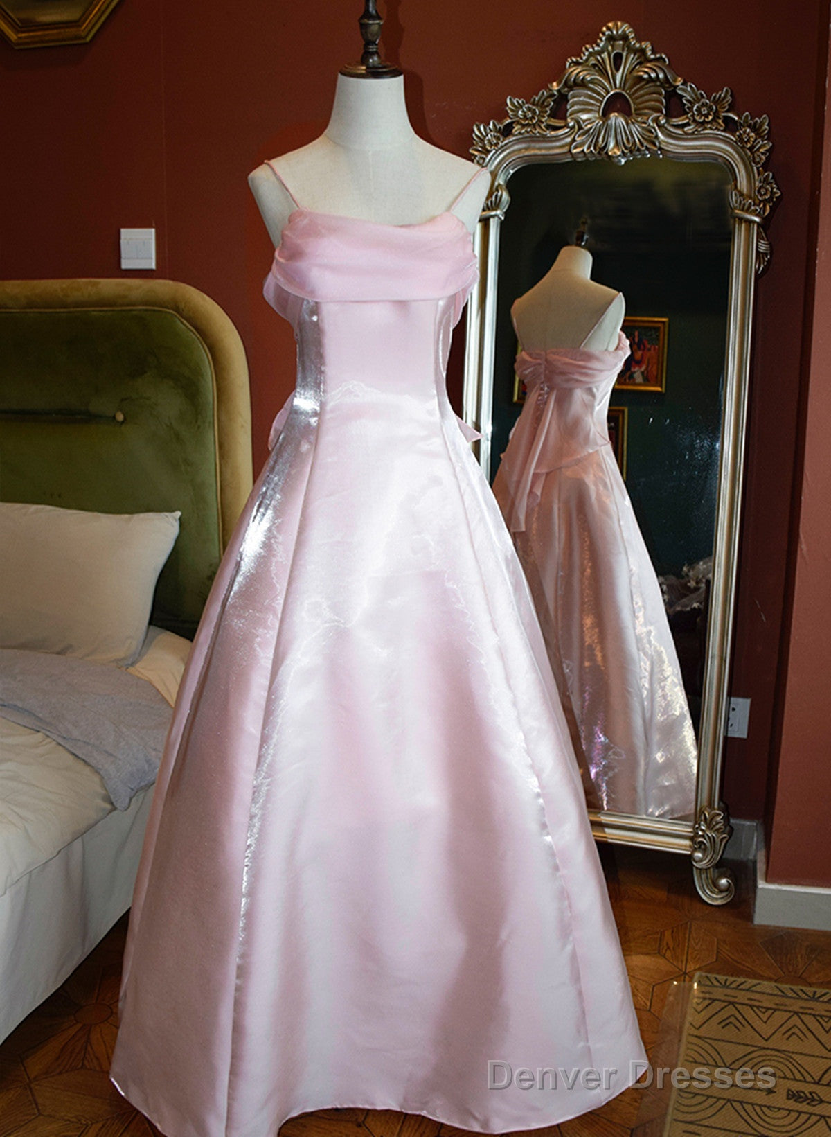 Cute Vintage Style Satin Straps Long Party Dress, A-Line Satin Prom Dress Main image