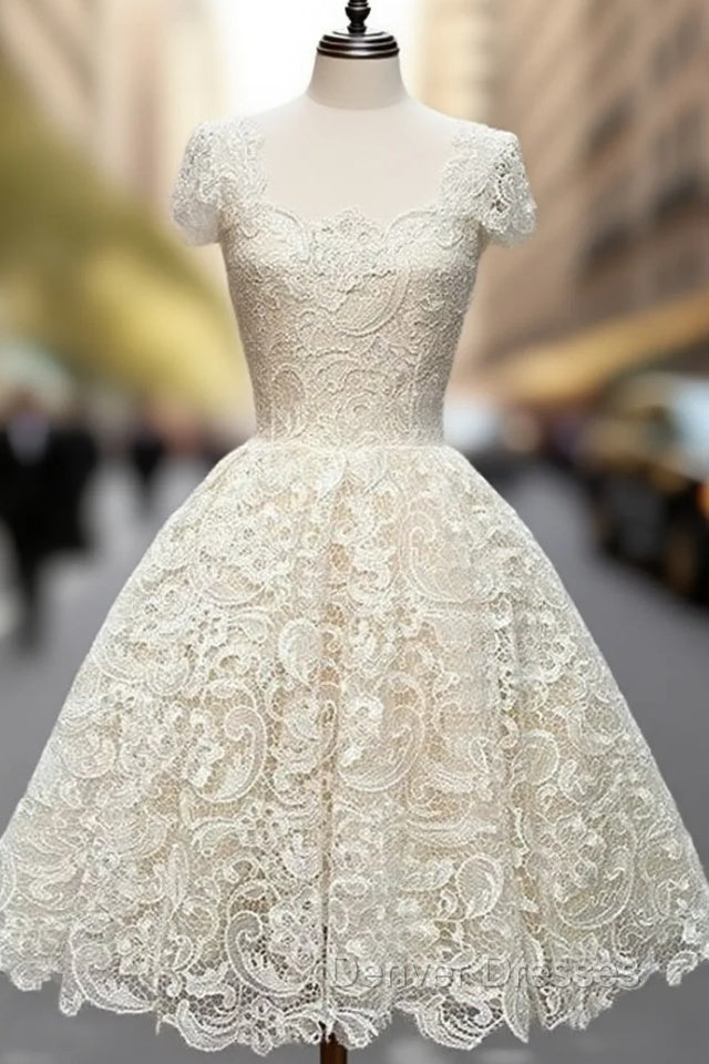 Cute White Lace Short Prom Dress, Lace Bridesmaid Dress Main image