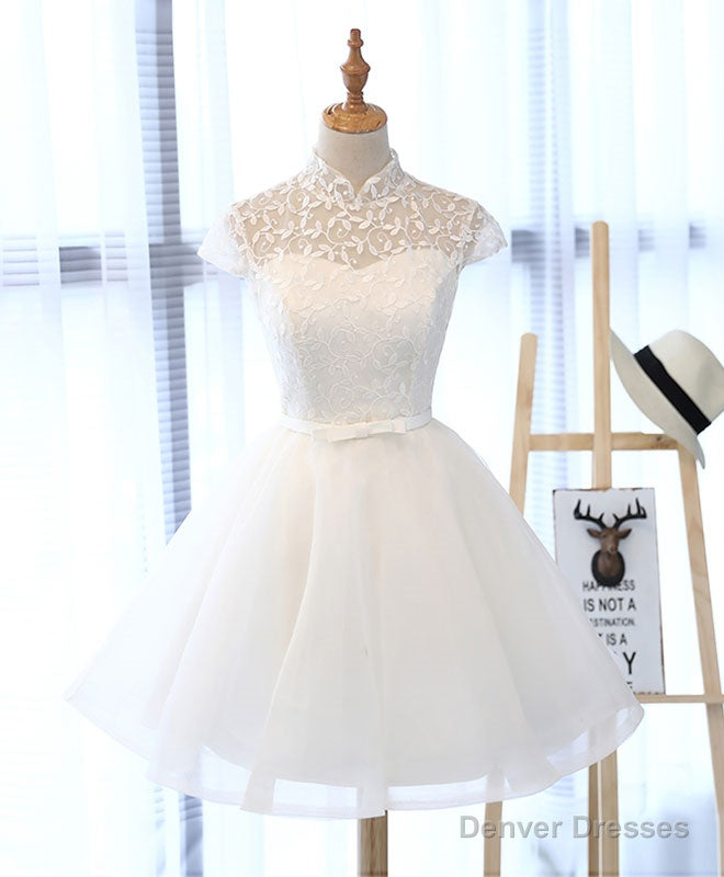 Cute White Lace Short Prom Dress, White Homecoming Dress Main image