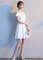 Cute White Off The Shoulder Knee Length Party Dress, Wedding Party Dress