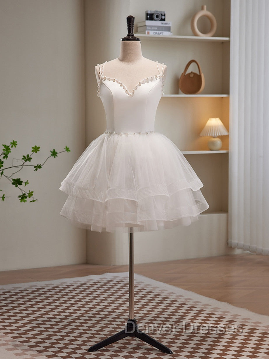 Cute White Short Tulle Beaded Graduation Dress, White Short Prom Dress Formal Dress Secondary image