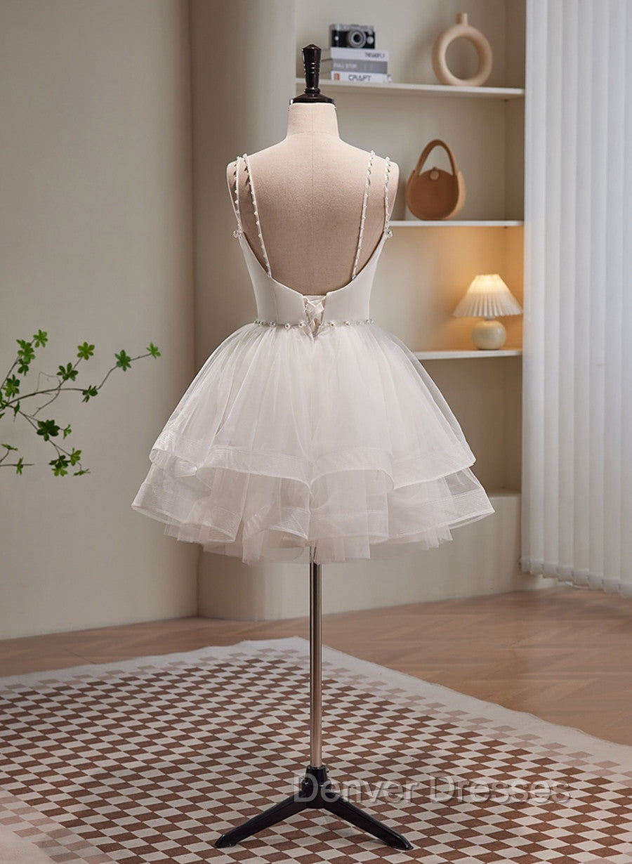 Cute White Short Tulle Beaded Graduation Dress, White Short Prom Dress Formal Dress